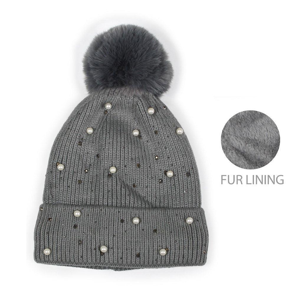 Pearl Embellished Lining Knit Pom Pom Beanie Hat - Jewelry Store by Erik Rayo