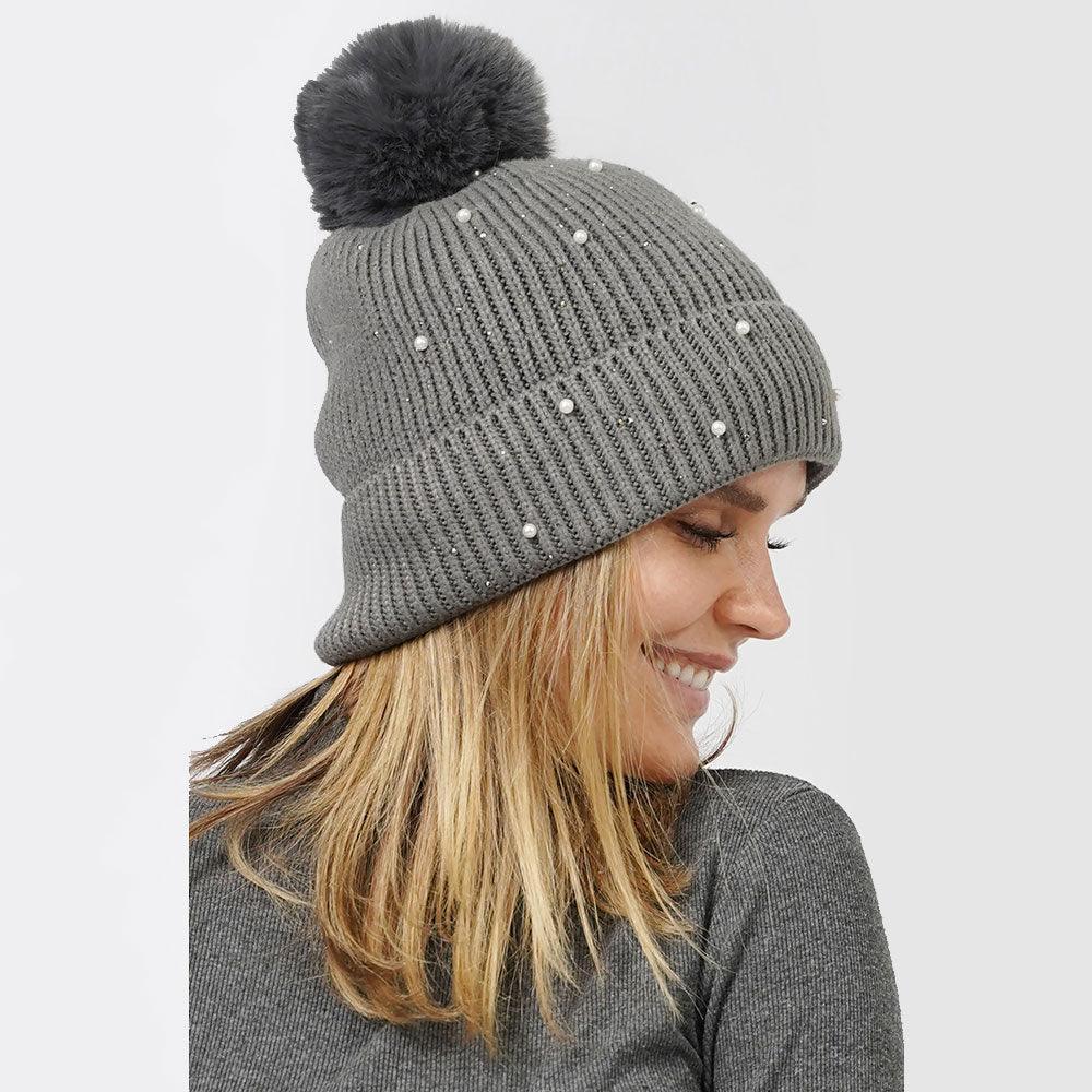 Pearl Embellished Lining Knit Pom Pom Beanie Hat - Jewelry Store by Erik Rayo