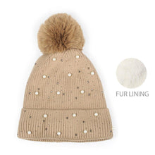 Load image into Gallery viewer, Pearl Embellished Lining Knit Pom Pom Beanie Hat
