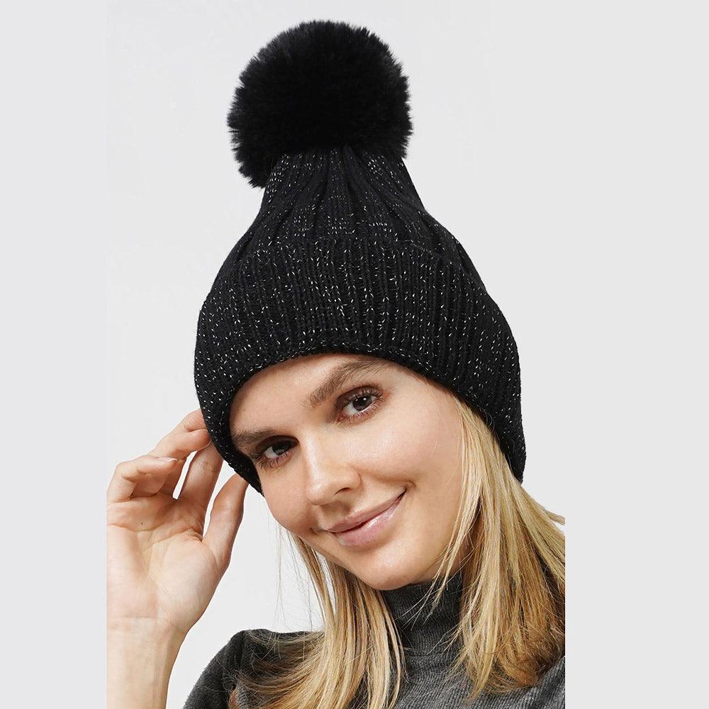 Lurex Ribbed Knit Pom Pom Beanie Hat - Jewelry Store by Erik Rayo