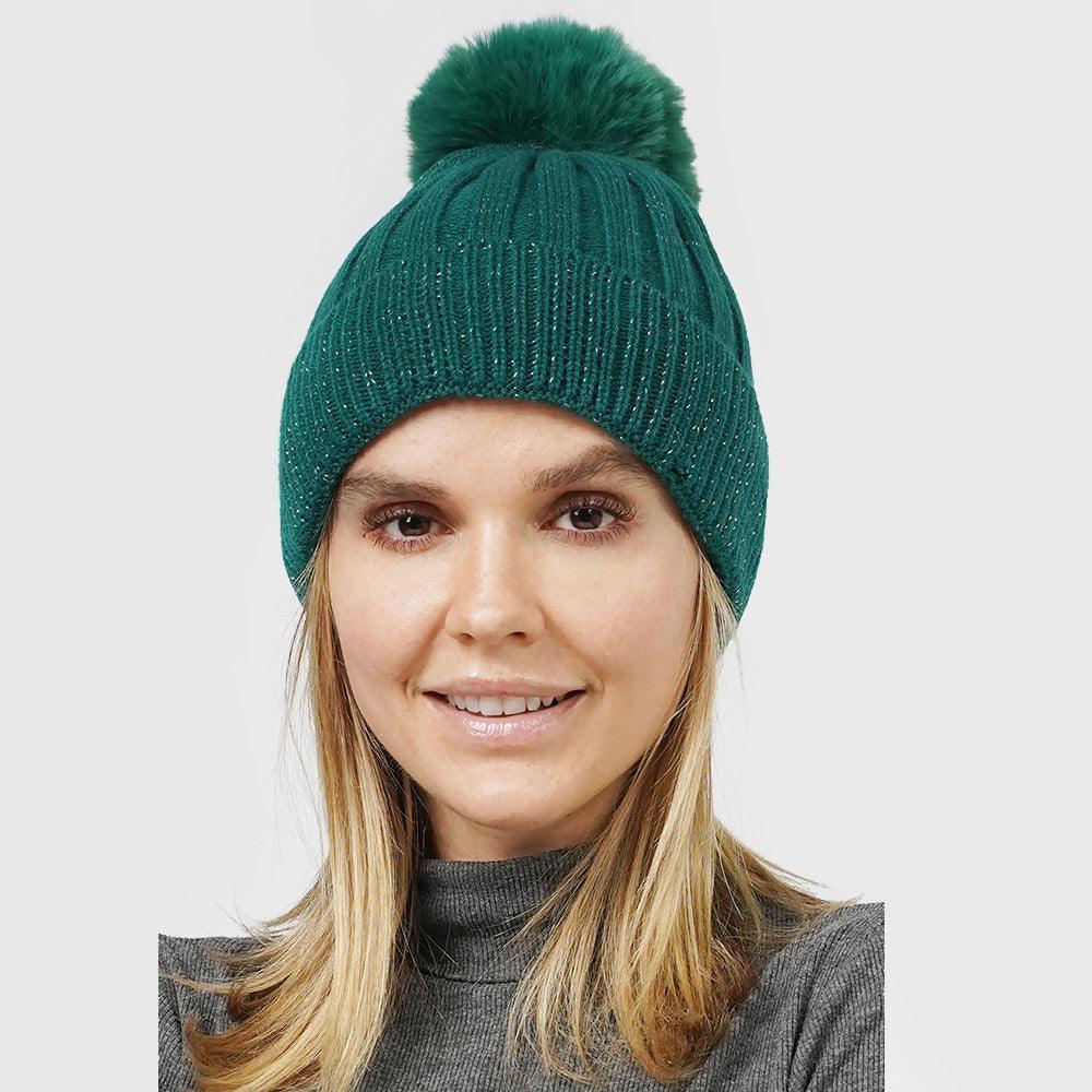 Lurex Ribbed Knit Pom Pom Beanie Hat - Jewelry Store by Erik Rayo