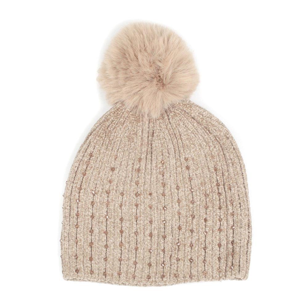 Stone Embellished Chenille Pom Pom Beanie Hat - Jewelry Store by Erik Rayo