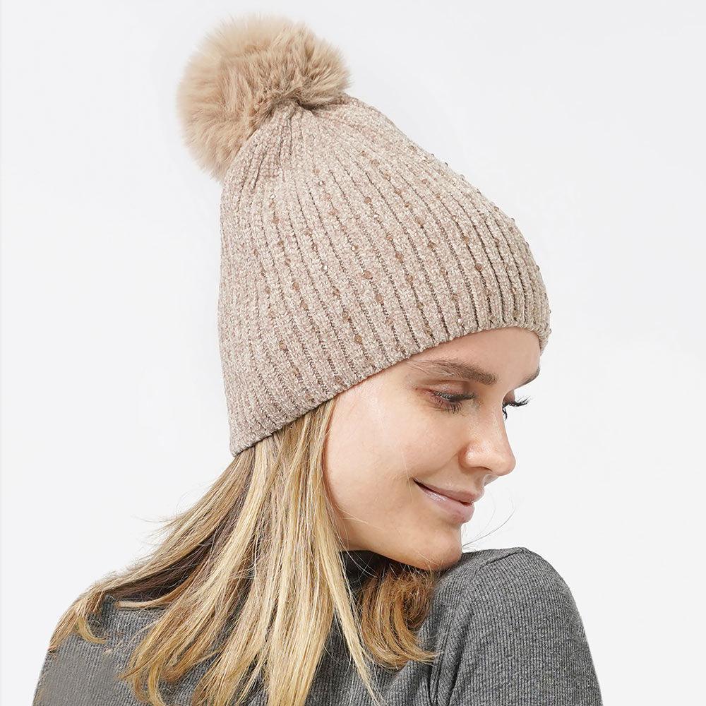 Stone Embellished Chenille Pom Pom Beanie Hat - Jewelry Store by Erik Rayo