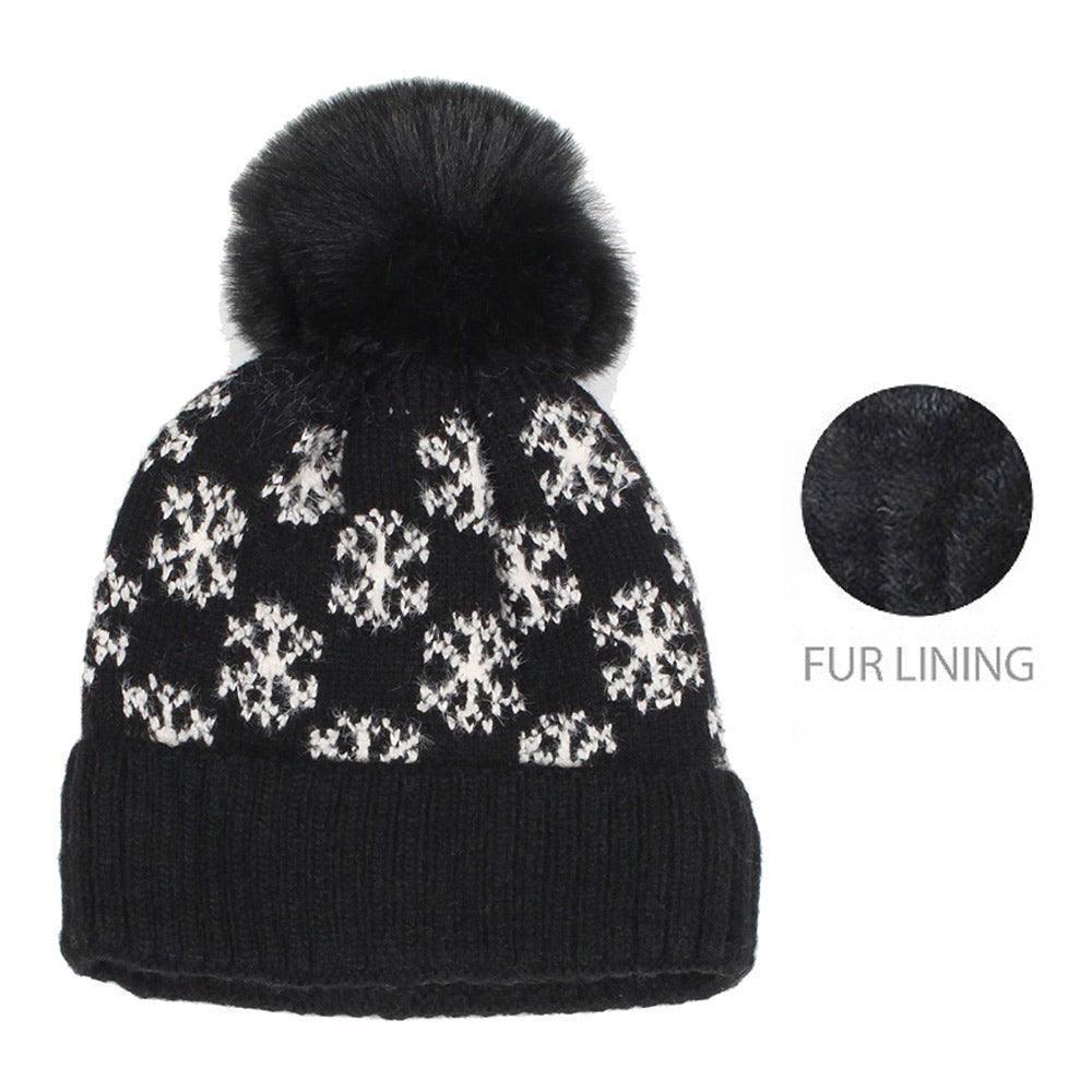 Snowflake Patterned Faux Fur Lining Knit Pom Pom Beanie Hat - Jewelry Store by Erik Rayo