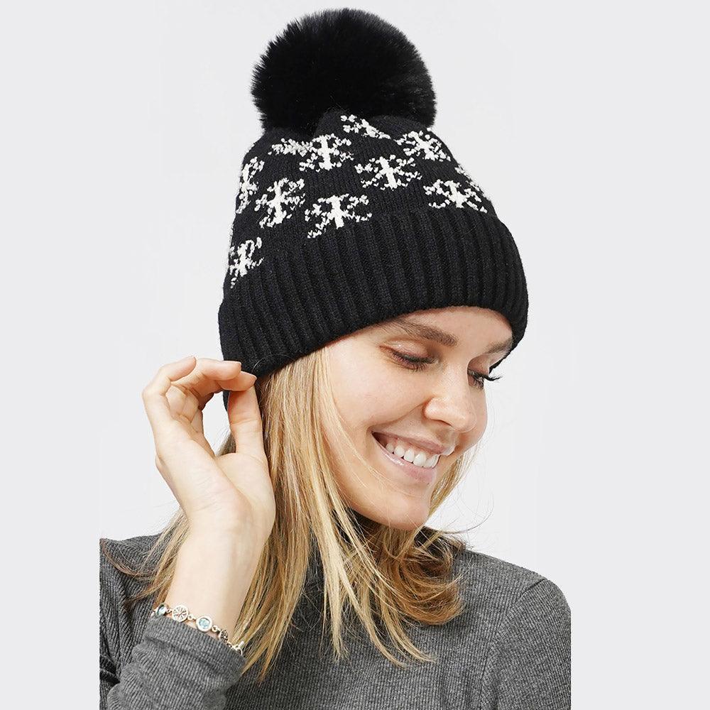 Snowflake Patterned Faux Fur Lining Knit Pom Pom Beanie Hat - Jewelry Store by Erik Rayo