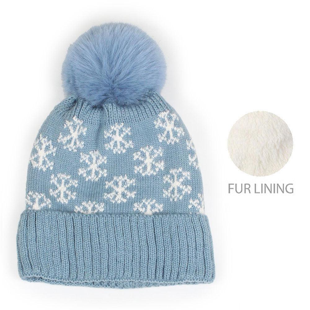 Snowflake Patterned Faux Fur Lining Knit Pom Pom Beanie Hat - Jewelry Store by Erik Rayo