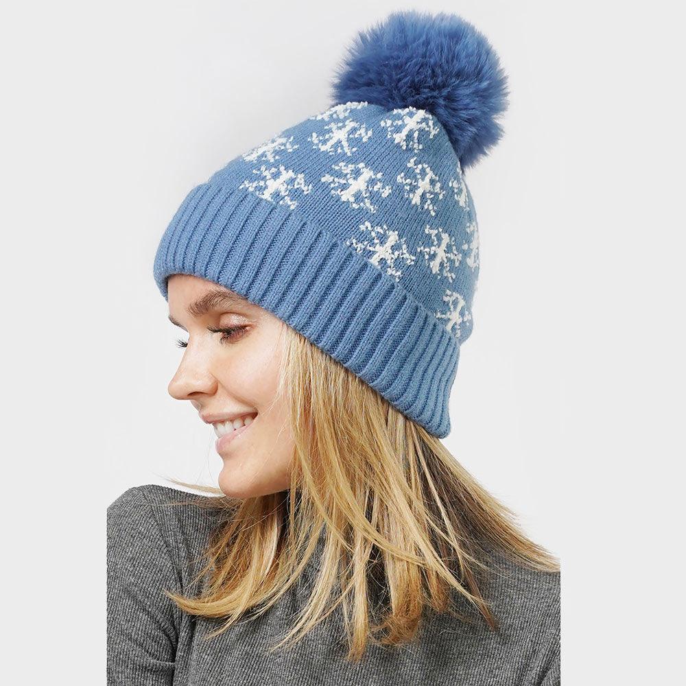 Snowflake Patterned Faux Fur Lining Knit Pom Pom Beanie Hat - Jewelry Store by Erik Rayo