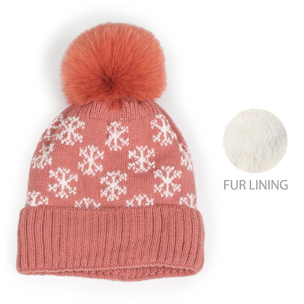 Snowflake Patterned Faux Fur Lining Knit Pom Pom Beanie Hat - Jewelry Store by Erik Rayo
