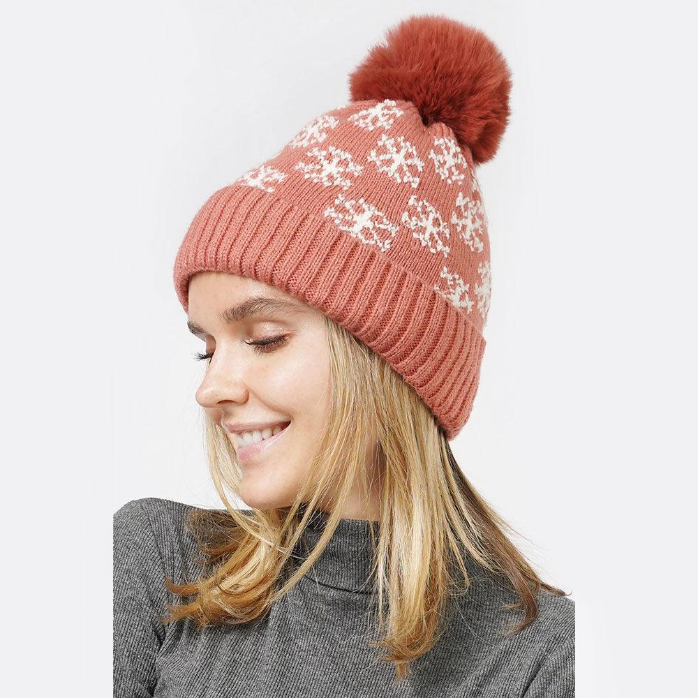 Snowflake Patterned Faux Fur Lining Knit Pom Pom Beanie Hat - Jewelry Store by Erik Rayo