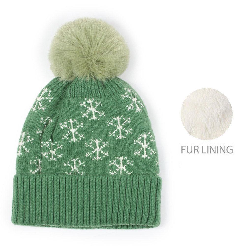 Snowflake Patterned Faux Fur Lining Knit Pom Pom Beanie Hat - Jewelry Store by Erik Rayo