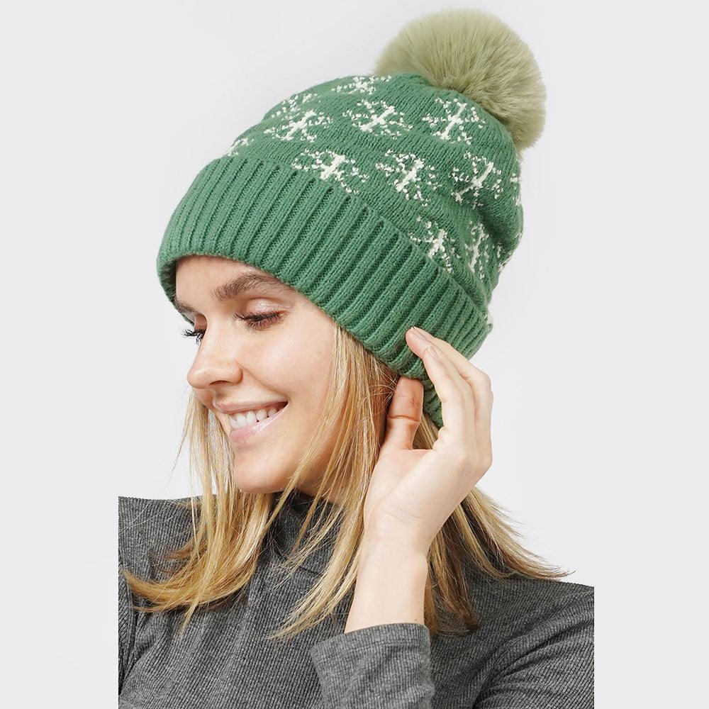 Snowflake Patterned Faux Fur Lining Knit Pom Pom Beanie Hat - Jewelry Store by Erik Rayo