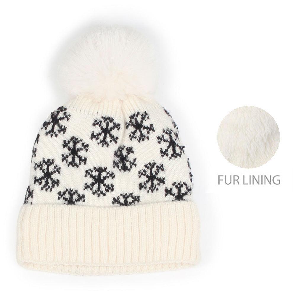 Snowflake Patterned Faux Fur Lining Knit Pom Pom Beanie Hat - Jewelry Store by Erik Rayo