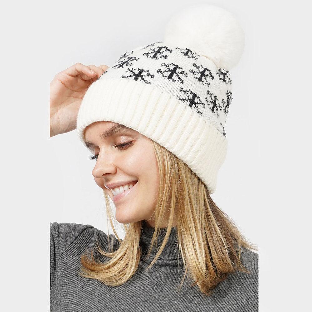 Snowflake Patterned Faux Fur Lining Knit Pom Pom Beanie Hat - Jewelry Store by Erik Rayo