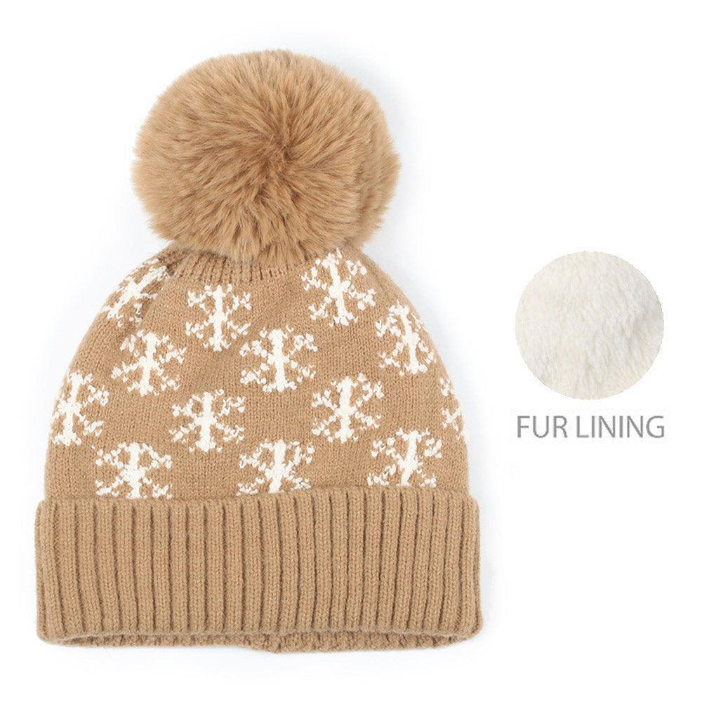 Snowflake Patterned Faux Fur Lining Knit Pom Pom Beanie Hat - Jewelry Store by Erik Rayo