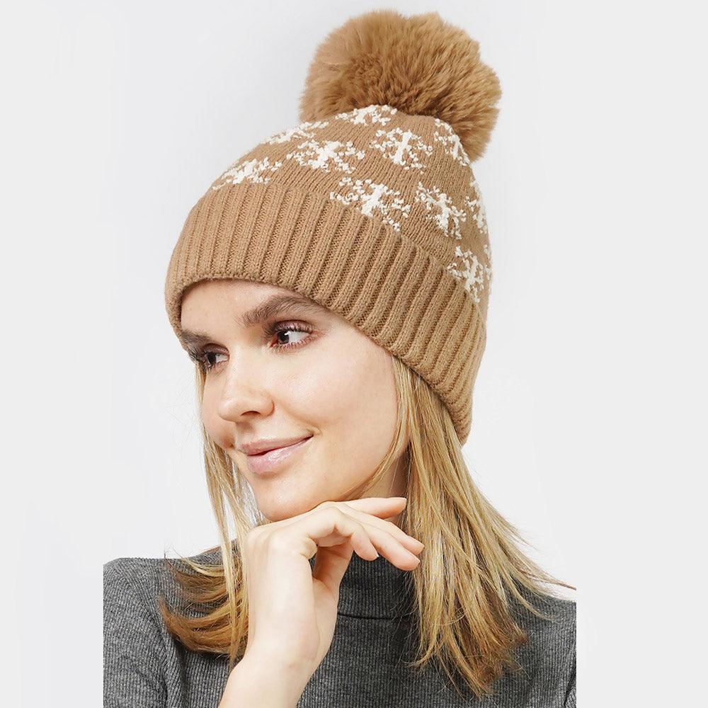 Snowflake Patterned Faux Fur Lining Knit Pom Pom Beanie Hat - Jewelry Store by Erik Rayo