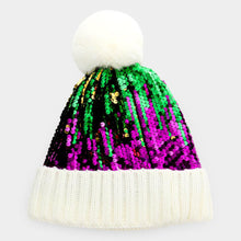 Load image into Gallery viewer, Mardi Gras Sequin Pom Pom Beanie Hat
