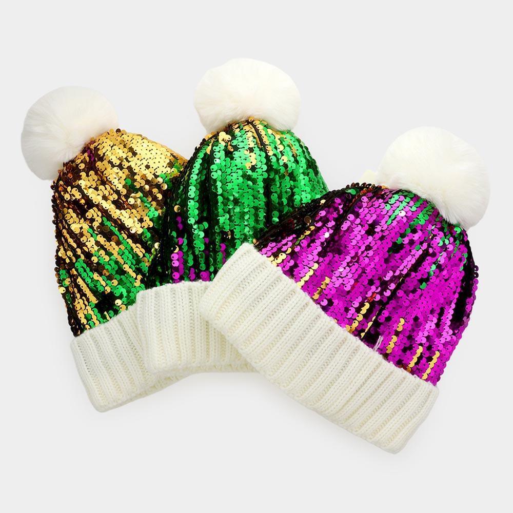 Mardi Gras Sequin Pom Pom Beanie Hat - Jewelry Store by Erik Rayo
