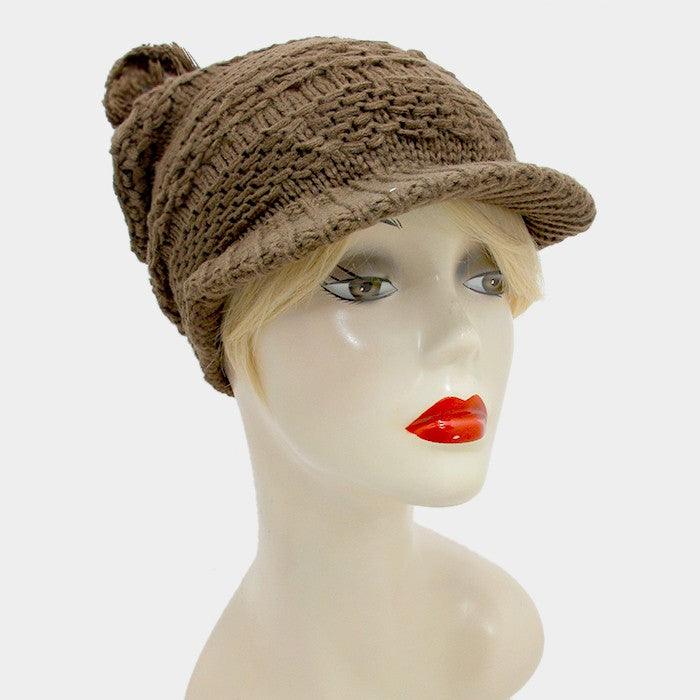 Knit visor hat with pom pom