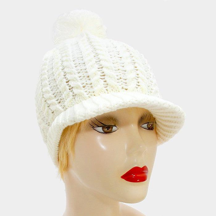 Knit pom pom visor beanie hat