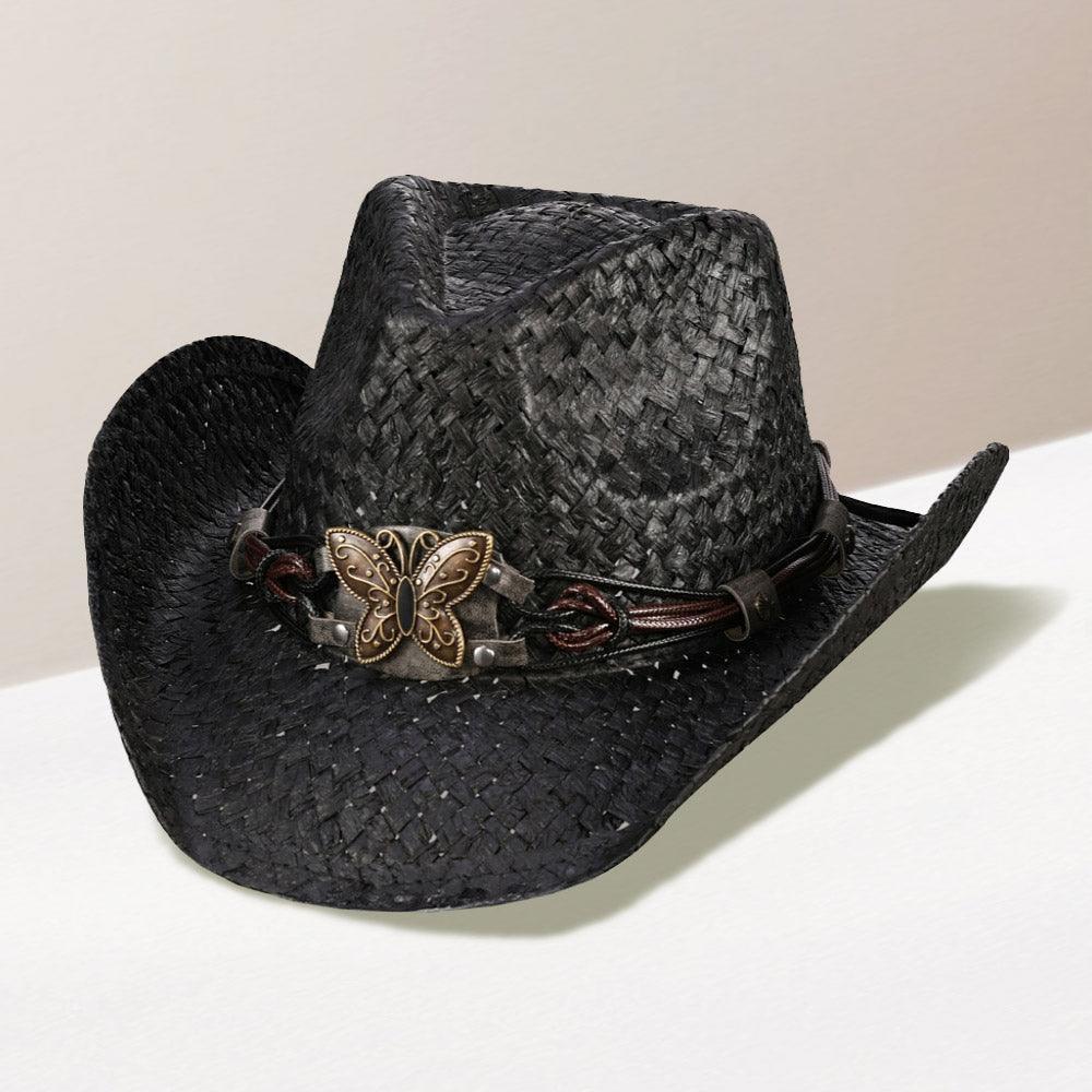 Butterfly Accented Faux Leather Band Straw Cowboy Hat - Jewelry Store by Erik Rayo