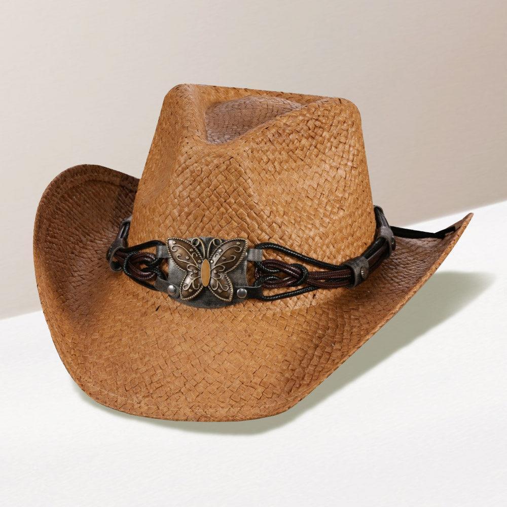 Butterfly Accented Faux Leather Band Straw Cowboy Hat - Jewelry Store by Erik Rayo