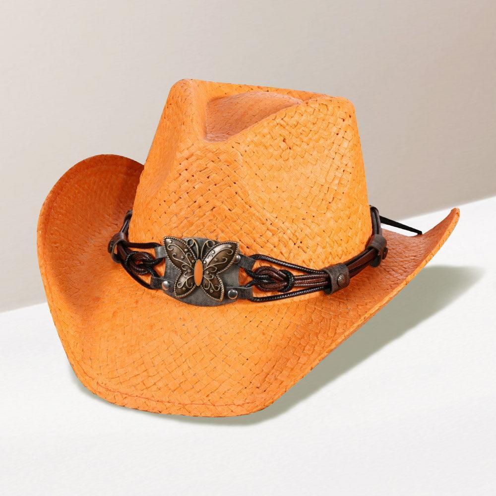 Butterfly Accented Faux Leather Band Straw Cowboy Hat - Jewelry Store by Erik Rayo