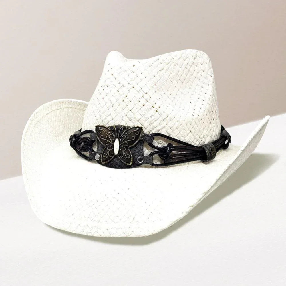 Butterfly Accented Faux Leather Band Straw Cowboy Hat - Jewelry Store by Erik Rayo