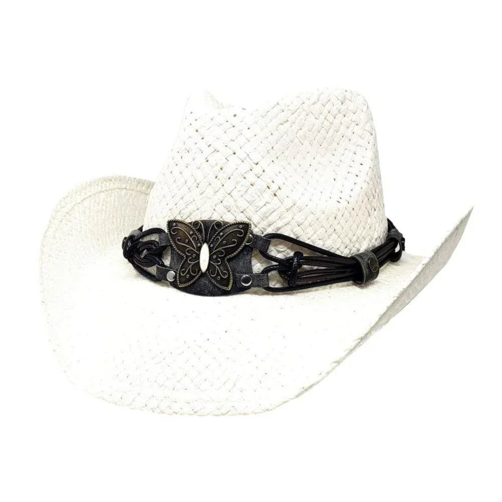 Butterfly Accented Faux Leather Band Straw Cowboy Hat - Jewelry Store by Erik Rayo