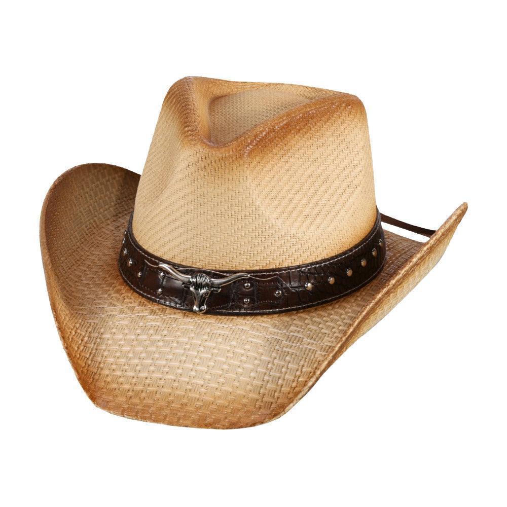 Steer Head Pointed Faux Leather Band Straw Cowboy Hat - Jewelry Store by Erik Rayo