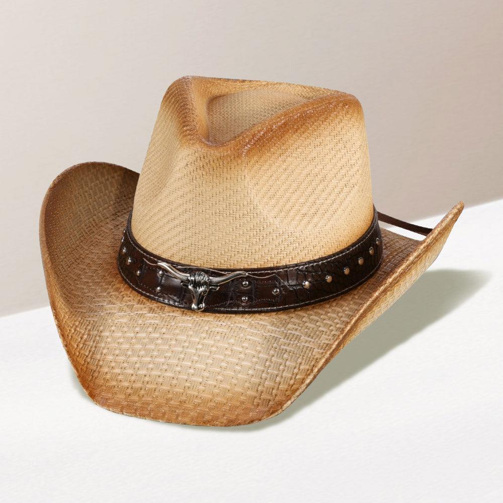 Steer Head Pointed Faux Leather Band Straw Cowboy Hat