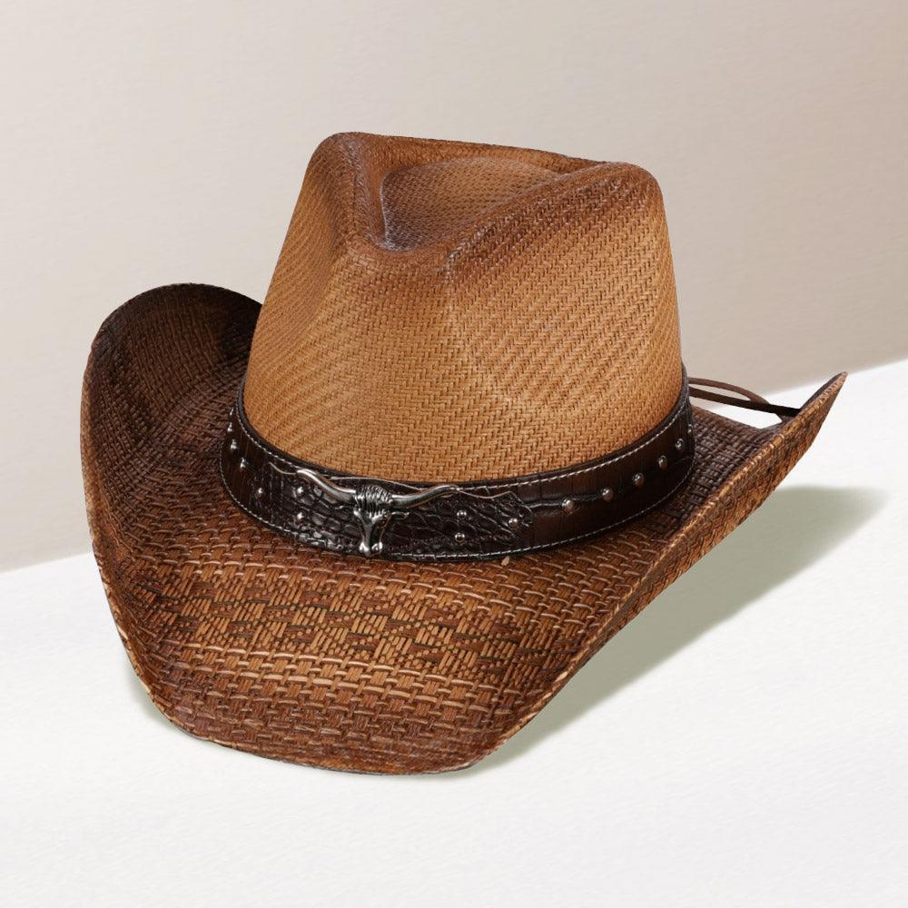 Steer Head Pointed Faux Leather Band Straw Cowboy Hat - Jewelry Store by Erik Rayo