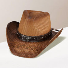 Load image into Gallery viewer, Steer Head Pointed Faux Leather Band Straw Cowboy Hat
