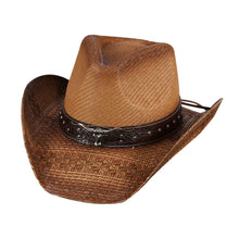 Load image into Gallery viewer, Steer Head Pointed Faux Leather Band Straw Cowboy Hat
