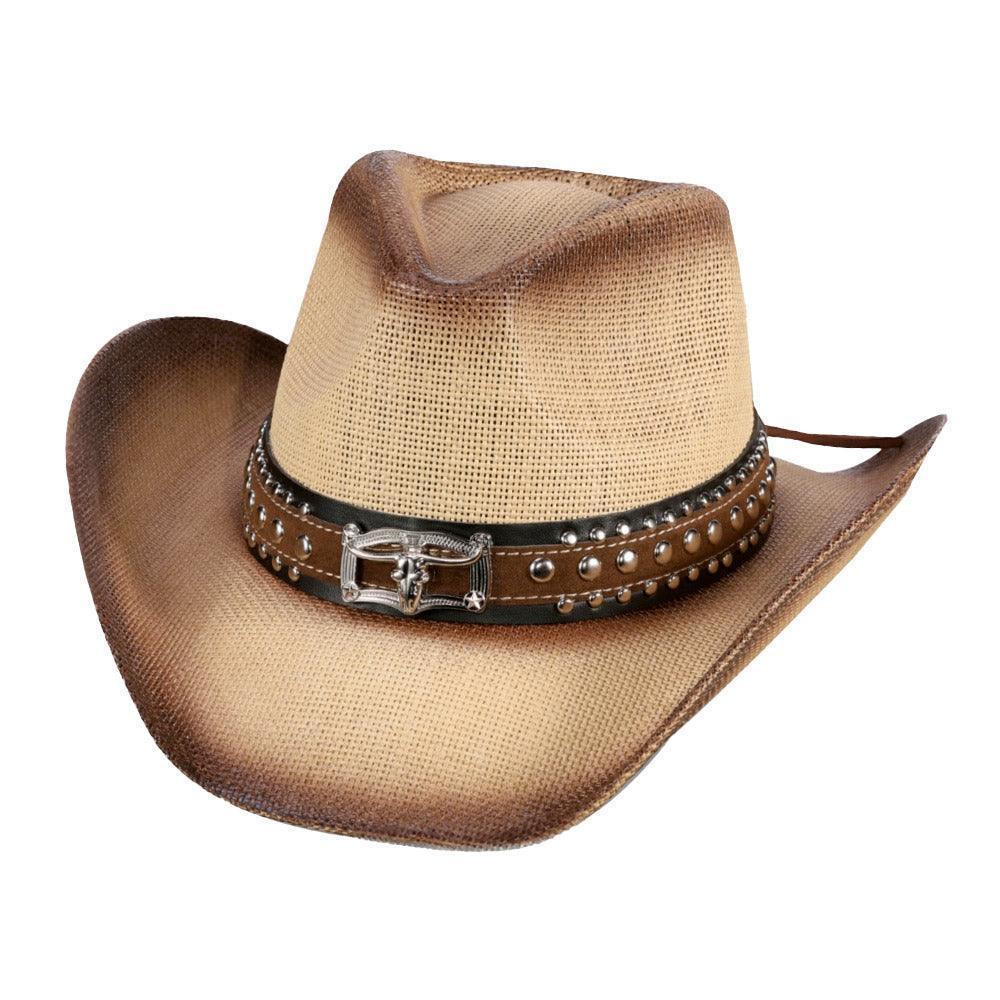 Steer Head Accented Faux Leather Band Straw Cowboy Hat - Jewelry Store by Erik Rayo