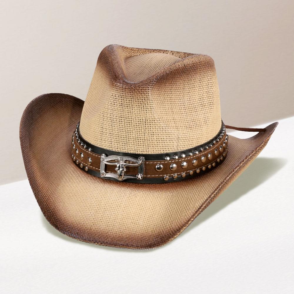 Steer Head Accented Faux Leather Band Straw Cowboy Hat