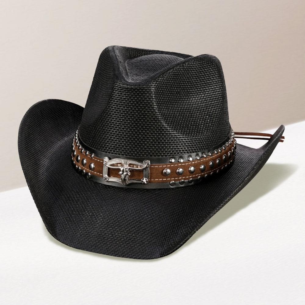 Steer Head Accented Faux Leather Band Straw Cowboy Hat