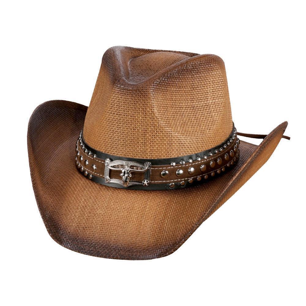 Steer Head Accented Faux Leather Band Straw Cowboy Hat - Jewelry Store by Erik Rayo