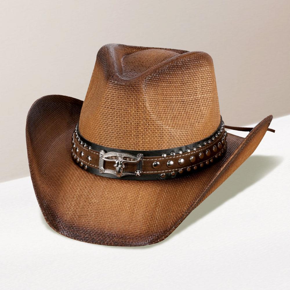 Steer Head Accented Faux Leather Band Straw Cowboy Hat