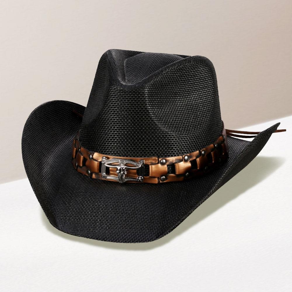 Steer Head Accented Faux Leather Band Straw Cowboy Hat - Jewelry Store by Erik Rayo