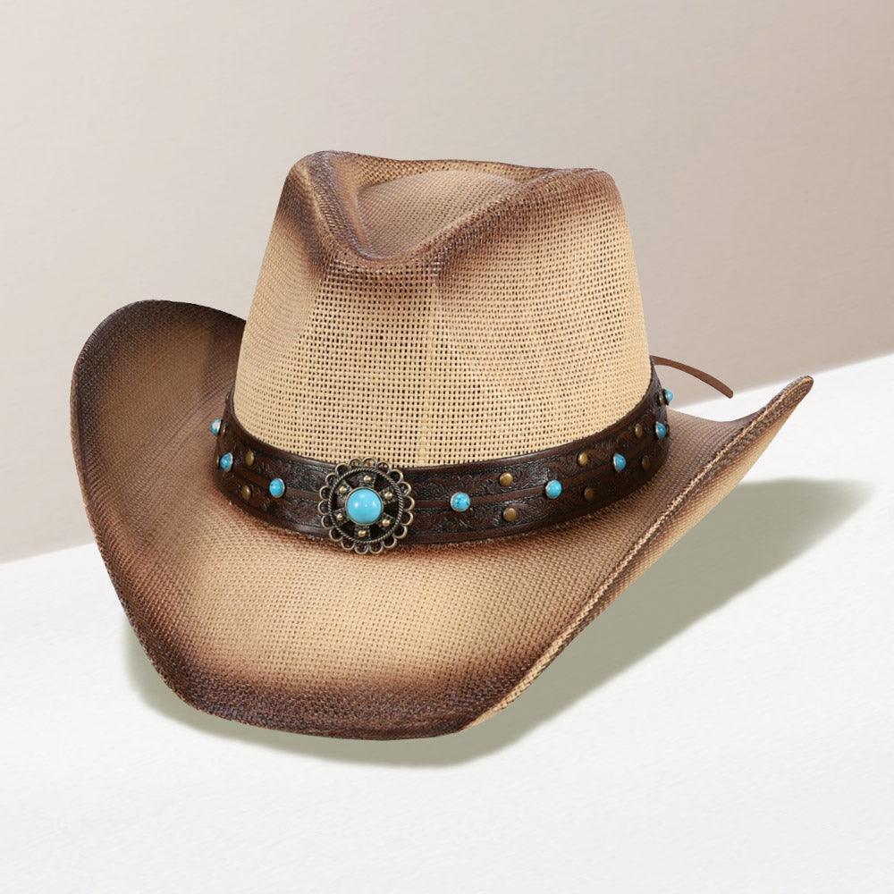 Turquoise Stone Western Flower Pointed Faux Leather Straw Cowboy Hat - Jewelry Store by Erik Rayo