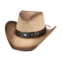 Load image into Gallery viewer, Turquoise Stone Western Flower Pointed Faux Leather Straw Cowboy Hat
