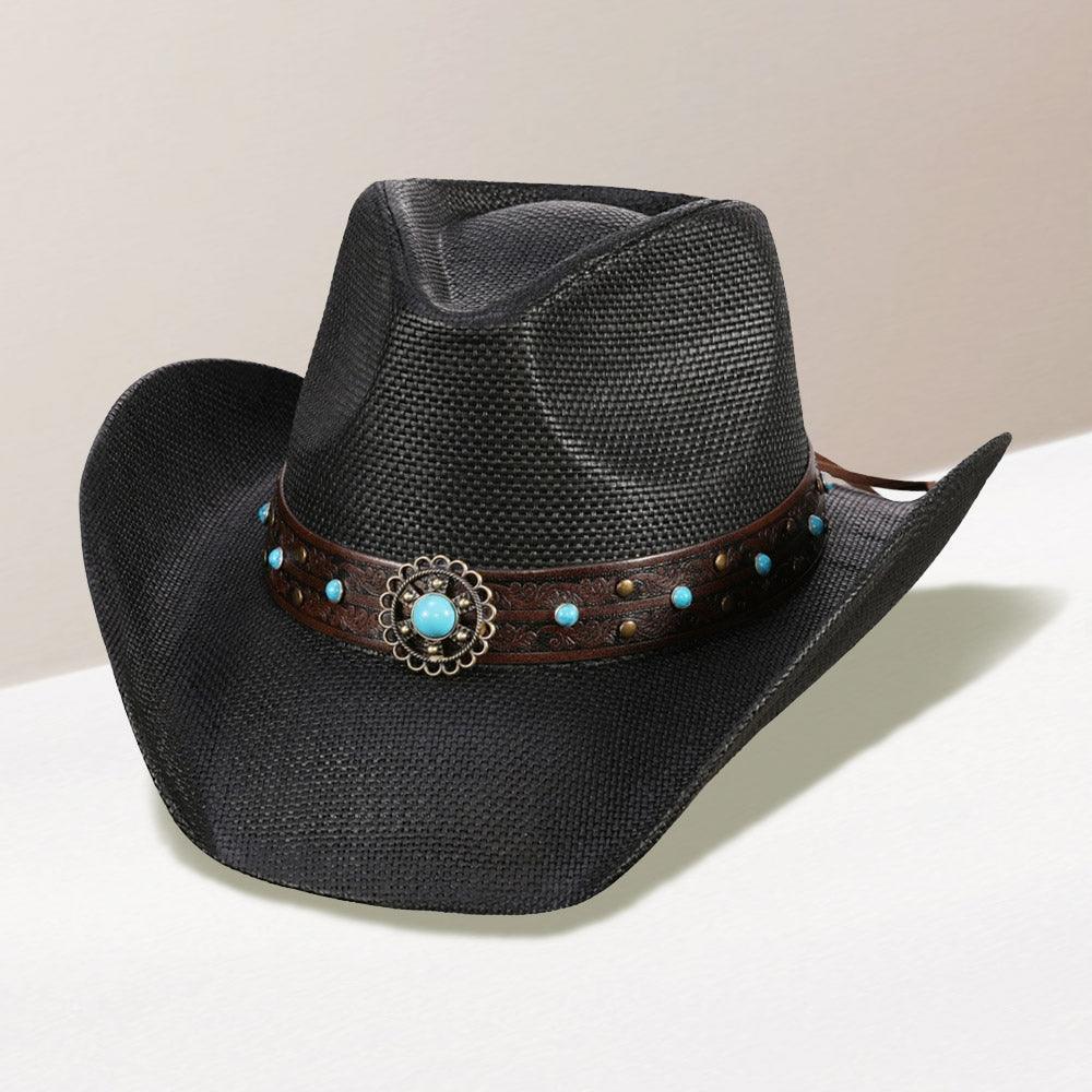 Turquoise Stone Western Flower Pointed Faux Leather Straw Cowboy Hat - Jewelry Store by Erik Rayo