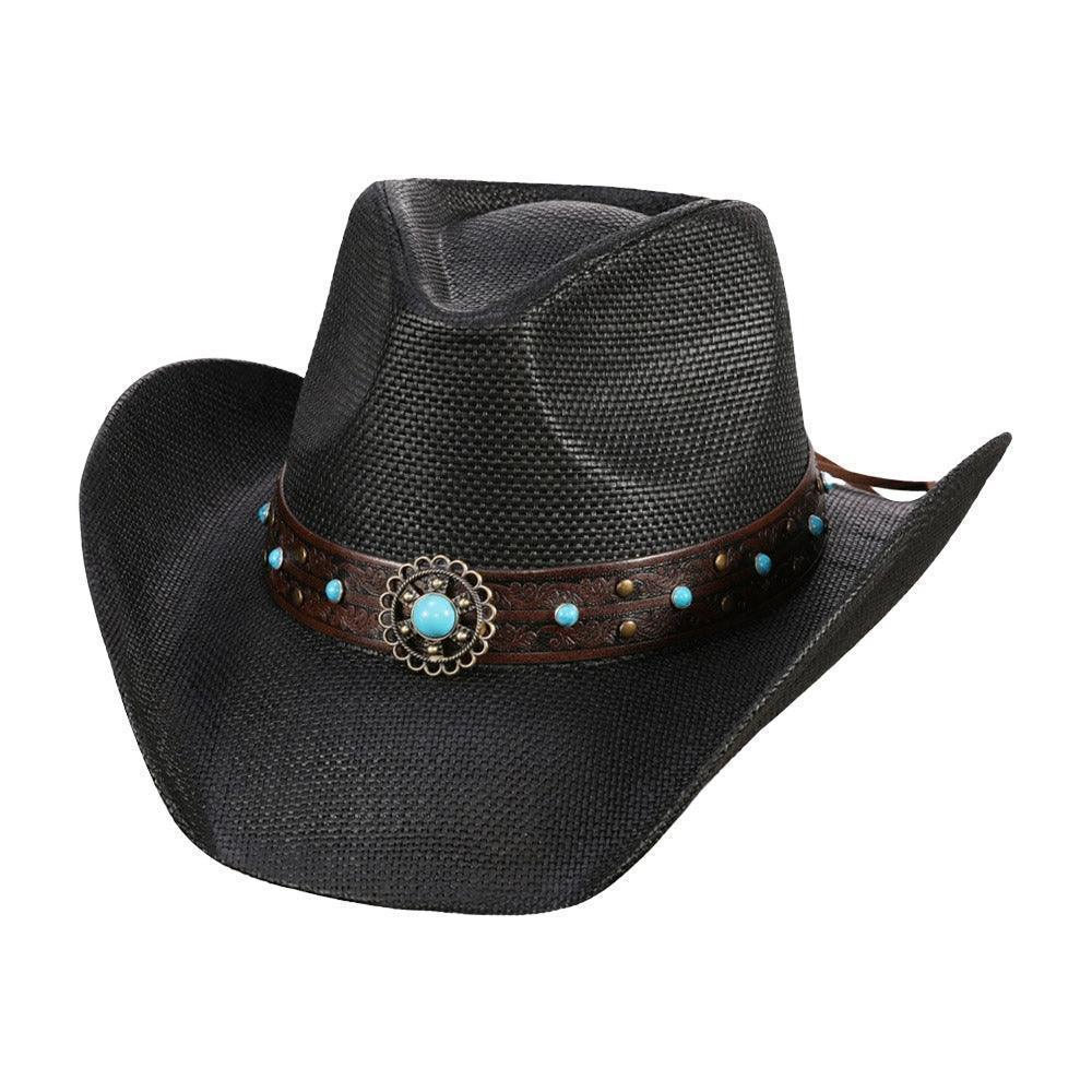 Turquoise Stone Western Flower Pointed Faux Leather Straw Cowboy Hat - Jewelry Store by Erik Rayo