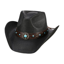 Load image into Gallery viewer, Turquoise Stone Western Flower Pointed Faux Leather Straw Cowboy Hat
