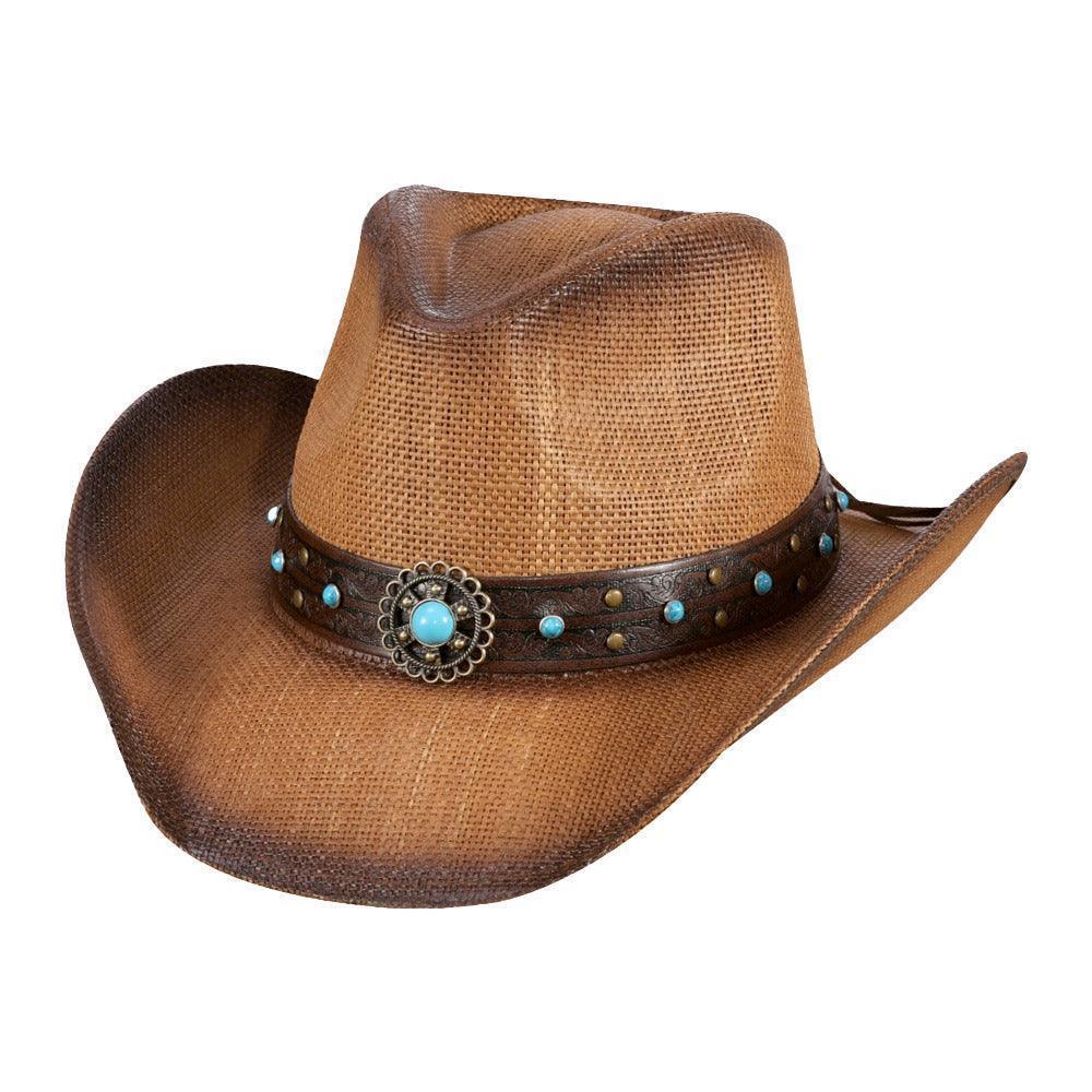 Turquoise Stone Western Flower Pointed Faux Leather Straw Cowboy Hat - Jewelry Store by Erik Rayo