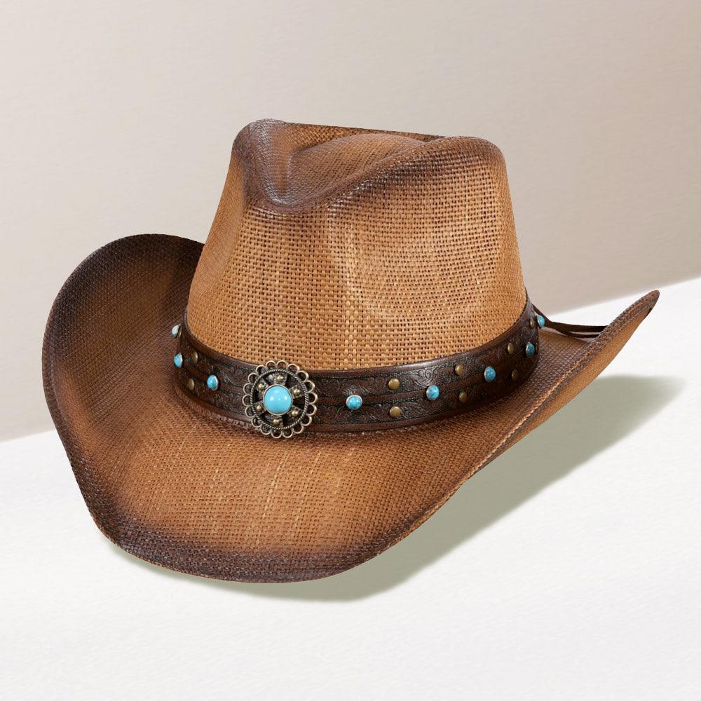 Turquoise Stone Western Flower Pointed Faux Leather Straw Cowboy Hat