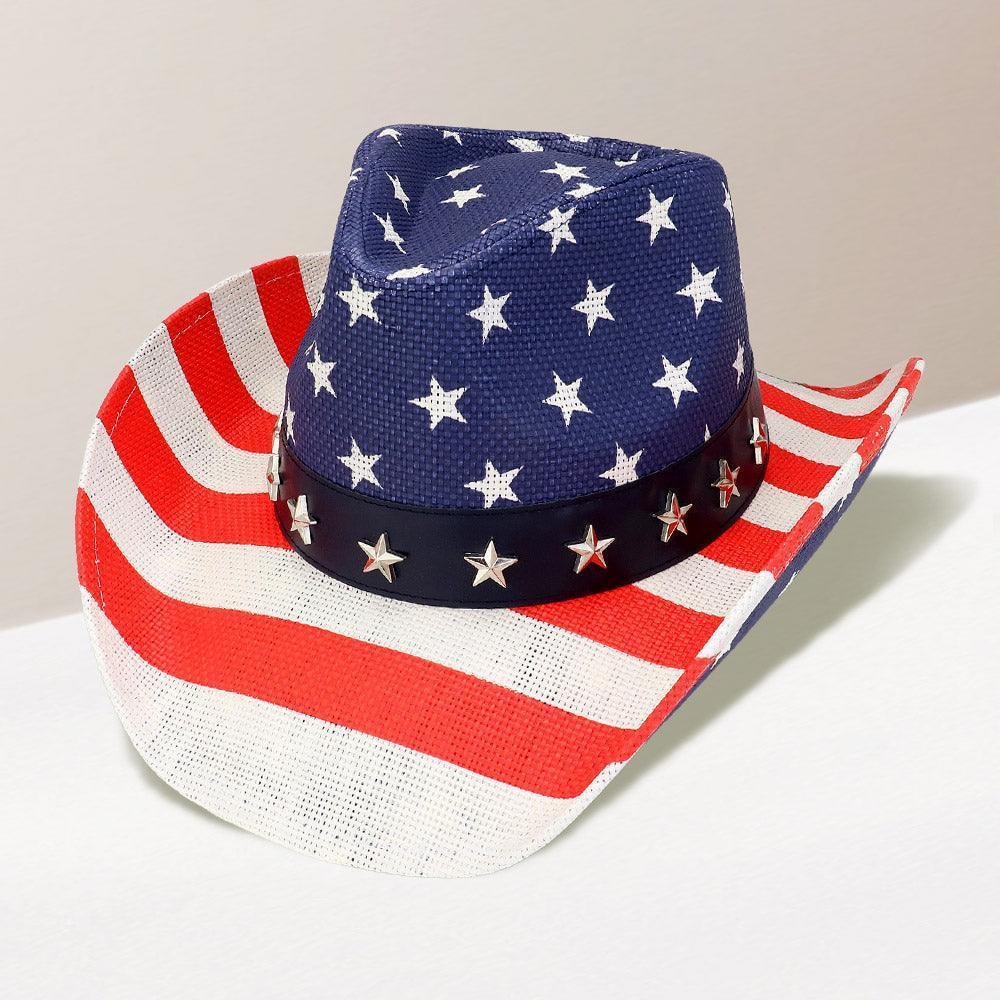 American USA Flag Star Stud Faux Leather Band Straw Cowboy Hat - Jewelry Store by Erik Rayo