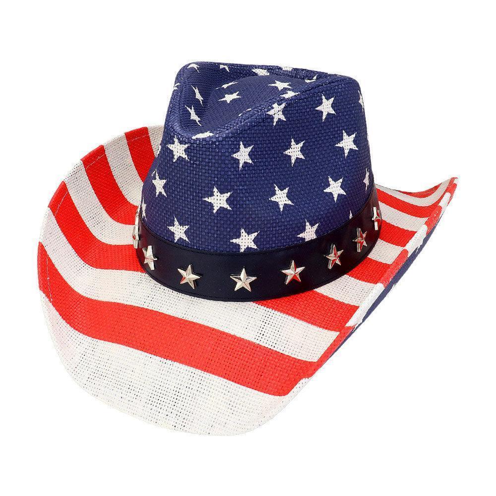American USA Flag Star Stud Faux Leather Band Straw Cowboy Hat - Jewelry Store by Erik Rayo