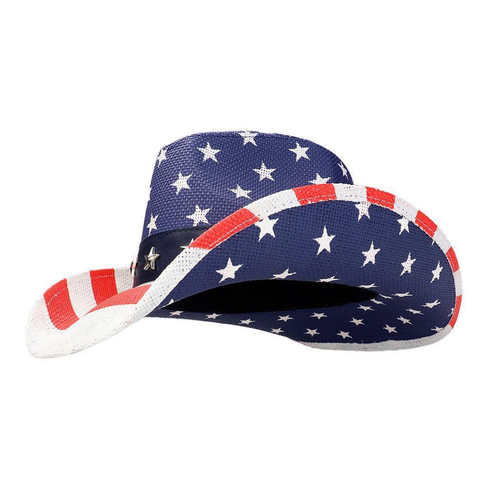 American USA Flag Star Stud Faux Leather Band Straw Cowboy Hat - Jewelry Store by Erik Rayo