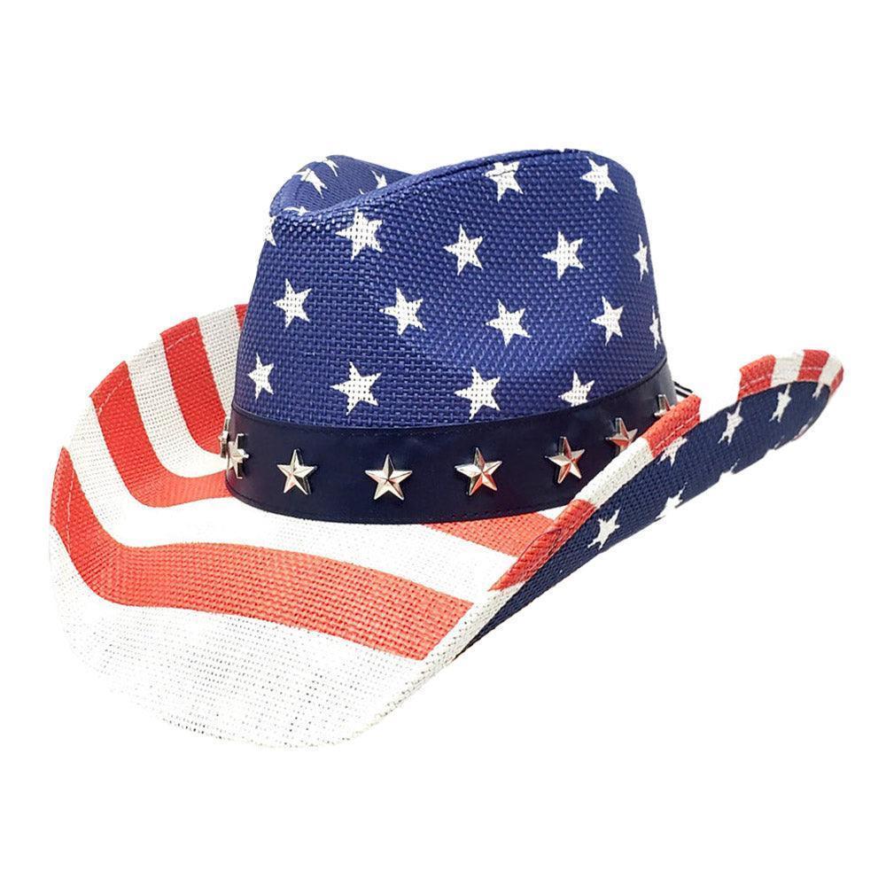 American USA Flag Star Stud Faux Leather Band Straw Cowboy Hat - Jewelry Store by Erik Rayo